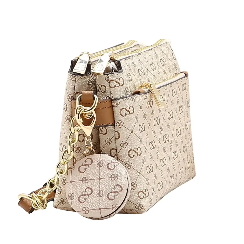 Bolsa feminina transversal Chenson bege vista lateral com dois compartimentos e alça combinando